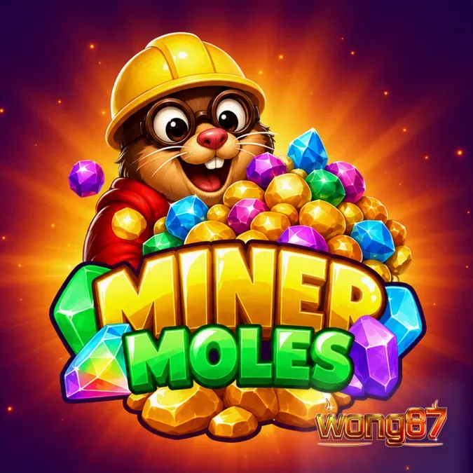Tampilan visual grid 6x6 pada slot Miner Moles dengan tema pertambangan kartun.